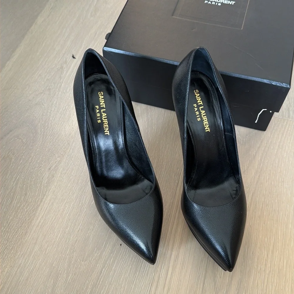 Saint Laurent Black Leather Pointed Stiletto Platform Pumps - Picture 3 of 5